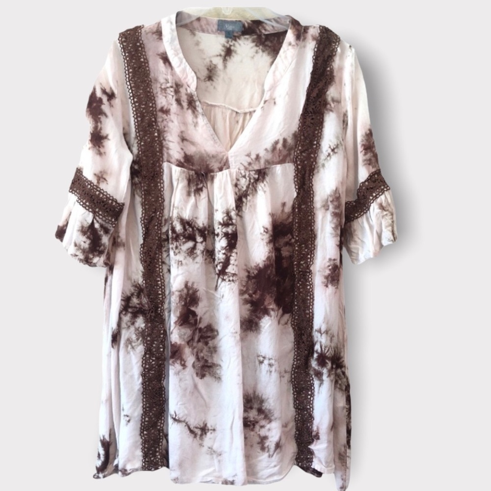 VIzio USA Brown & Tan Tie Die Bell Sleeves Tunic S - Picture 1 of 9